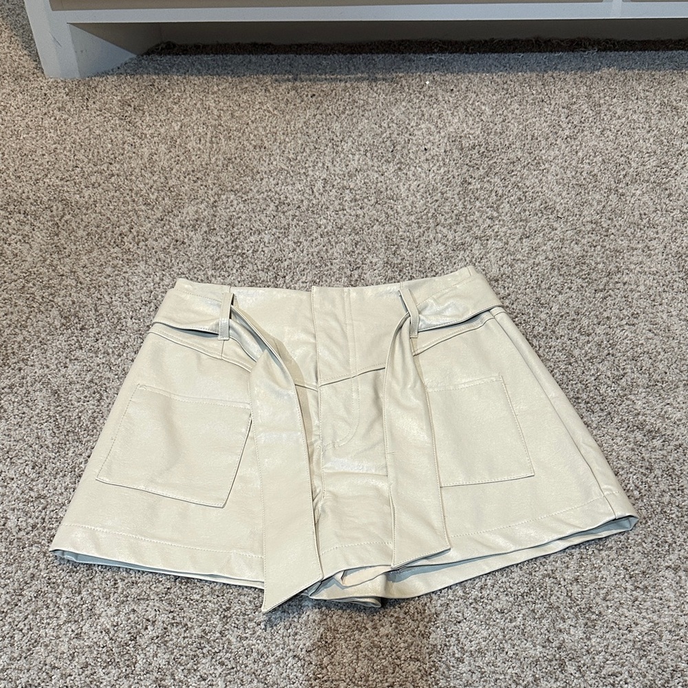 Cream Faux Leather Shorts